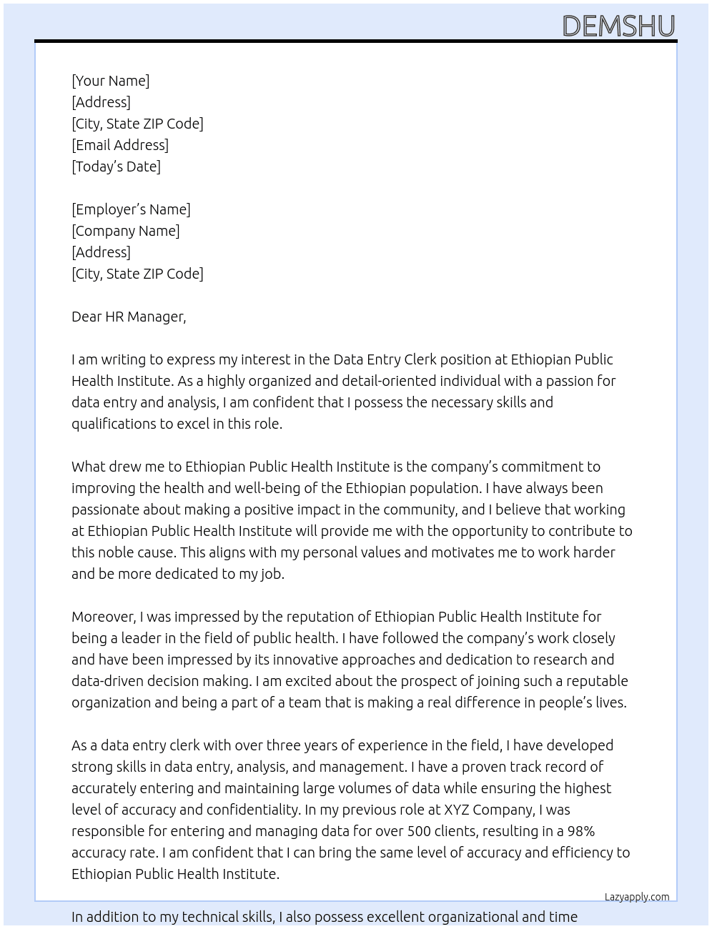 Data Entry Clerk At Ethiopian public health institute  Cover Letter