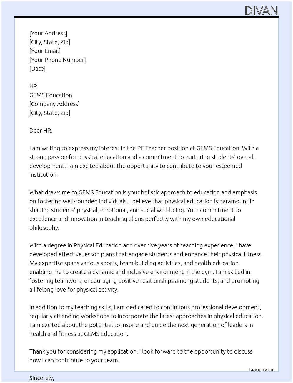 Cover letter for pe teacher - LazyApply