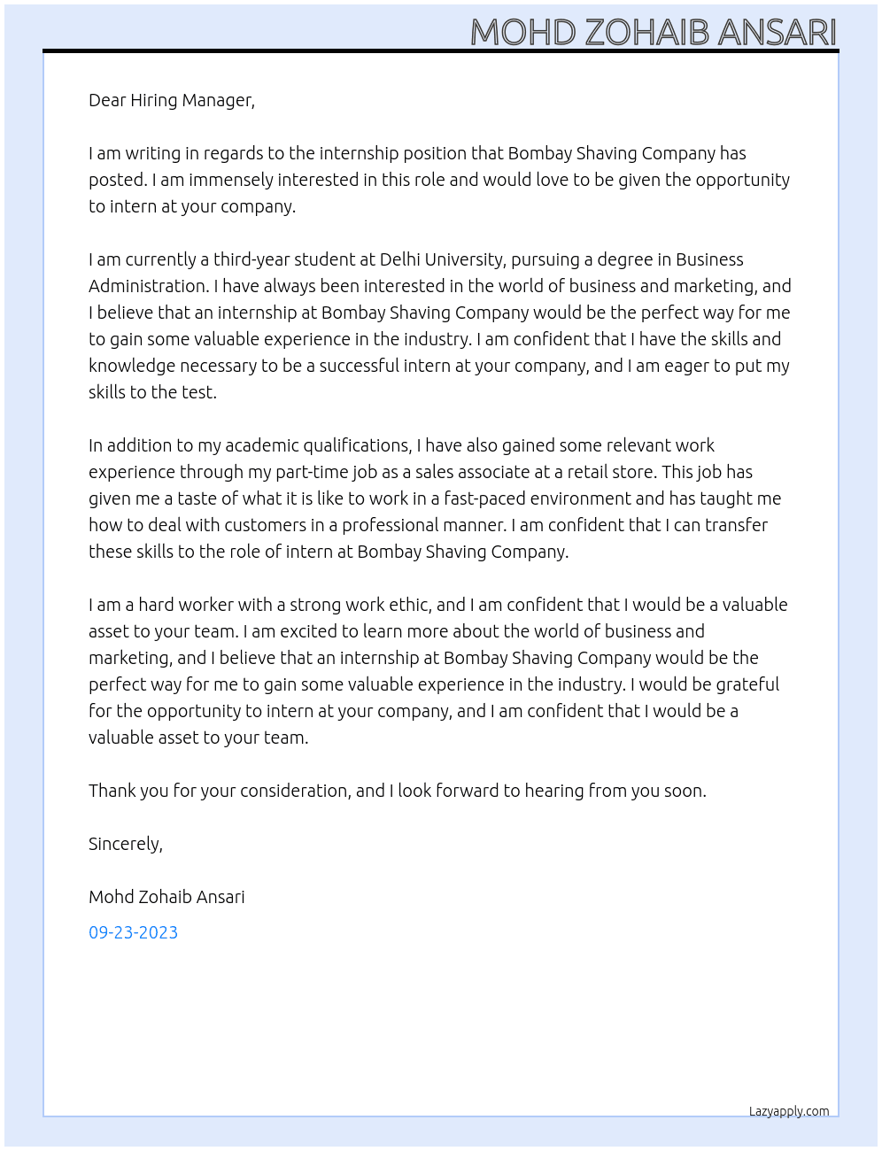 Intern At Bombay Shaving Company  Cover Letter