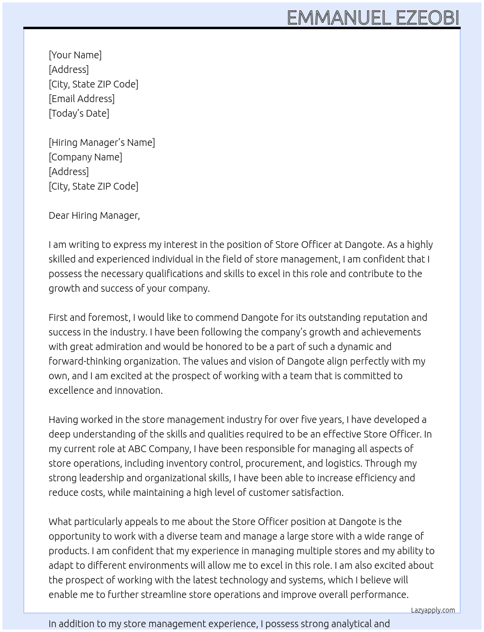 Store officer At Dangote Cover Letter