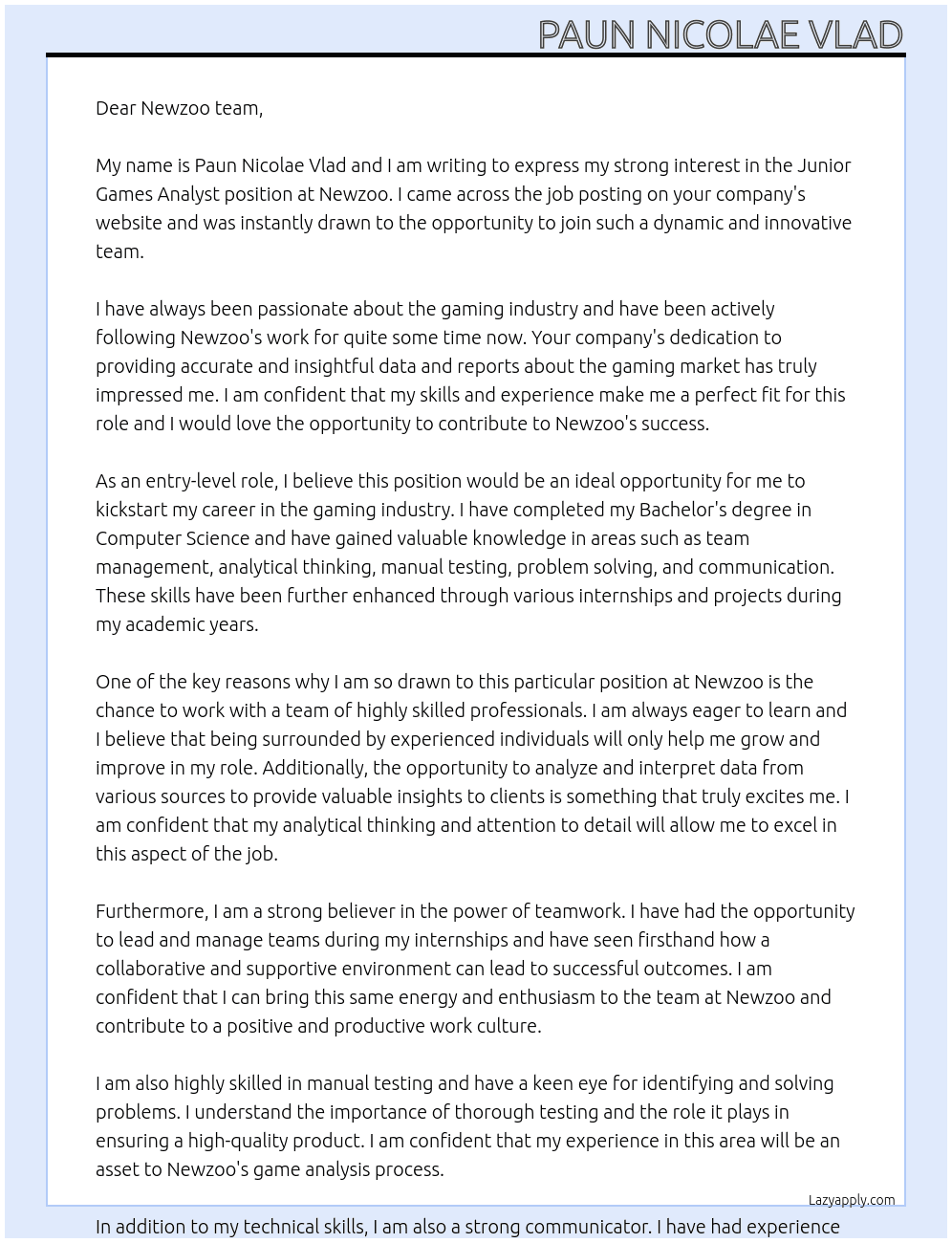 Junior Games Analyst At Newzoo Cover Letter