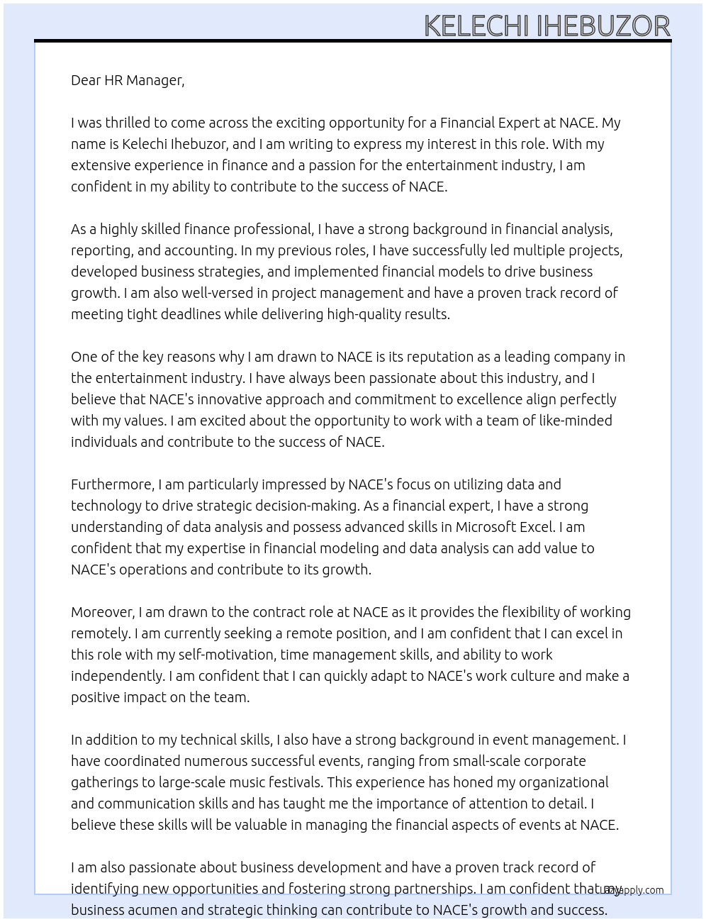 Financial Expert At NACE Cover Letter