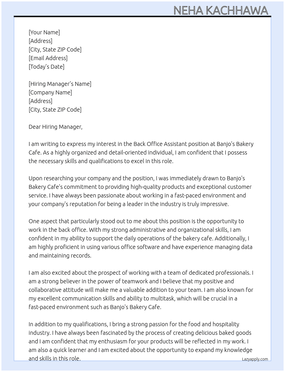 back Office Assistant  At Banjo's Bakery Cafe Cover Letter