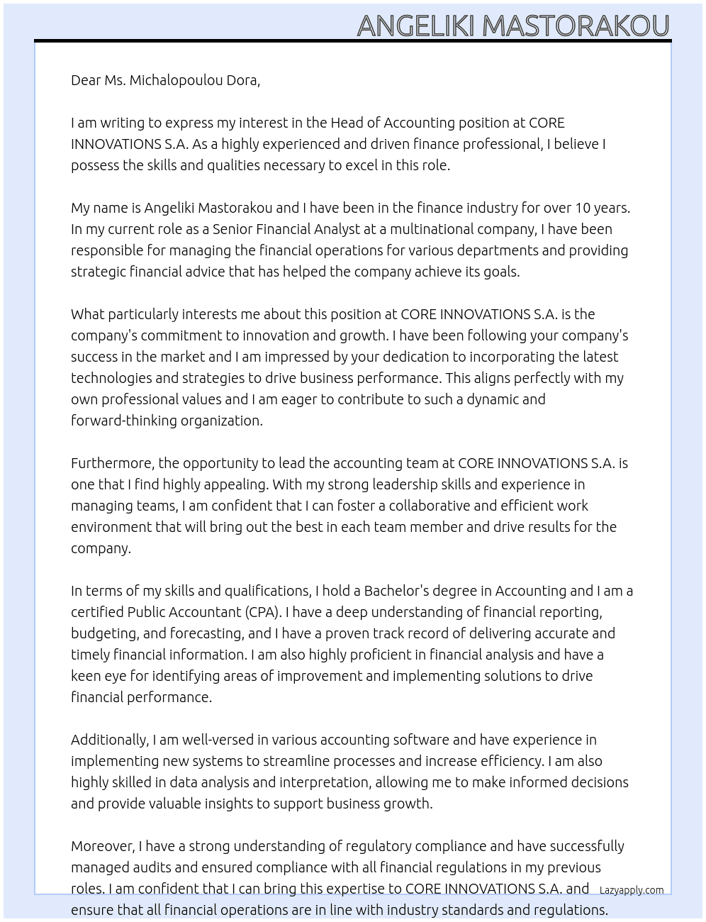 Head of Accounting At CORE INNOVATIONS S.A. Cover Letter