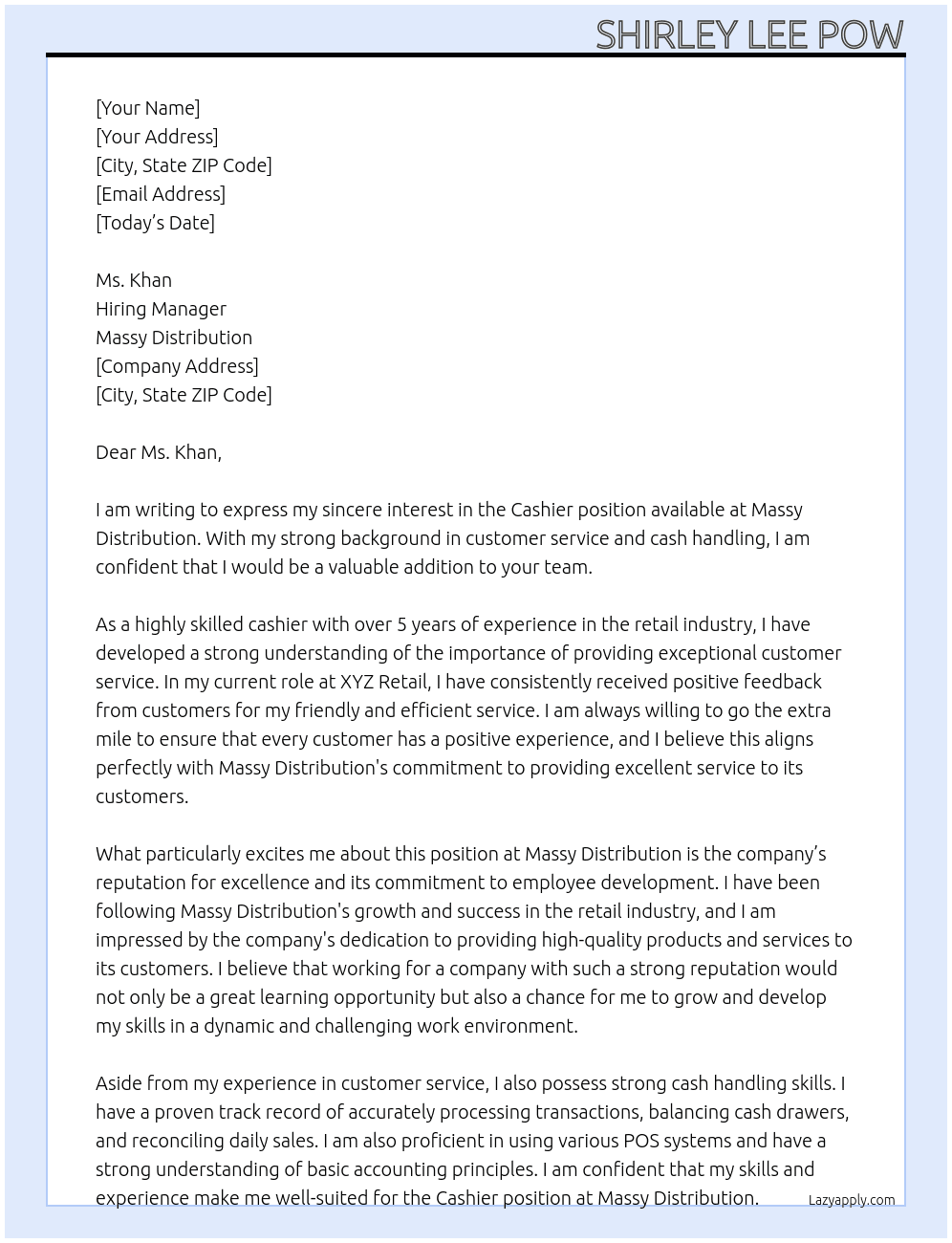 cashier At MASSY DISTRIBUTION Cover Letter