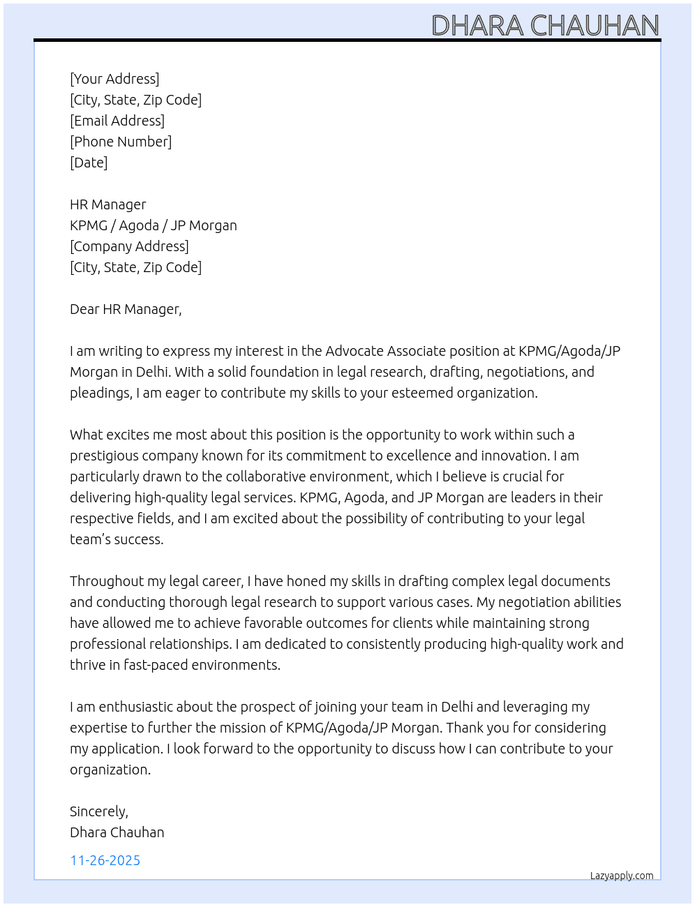 Advocate Associate At KPMG, Agoda, JP Morgan Cover Letter