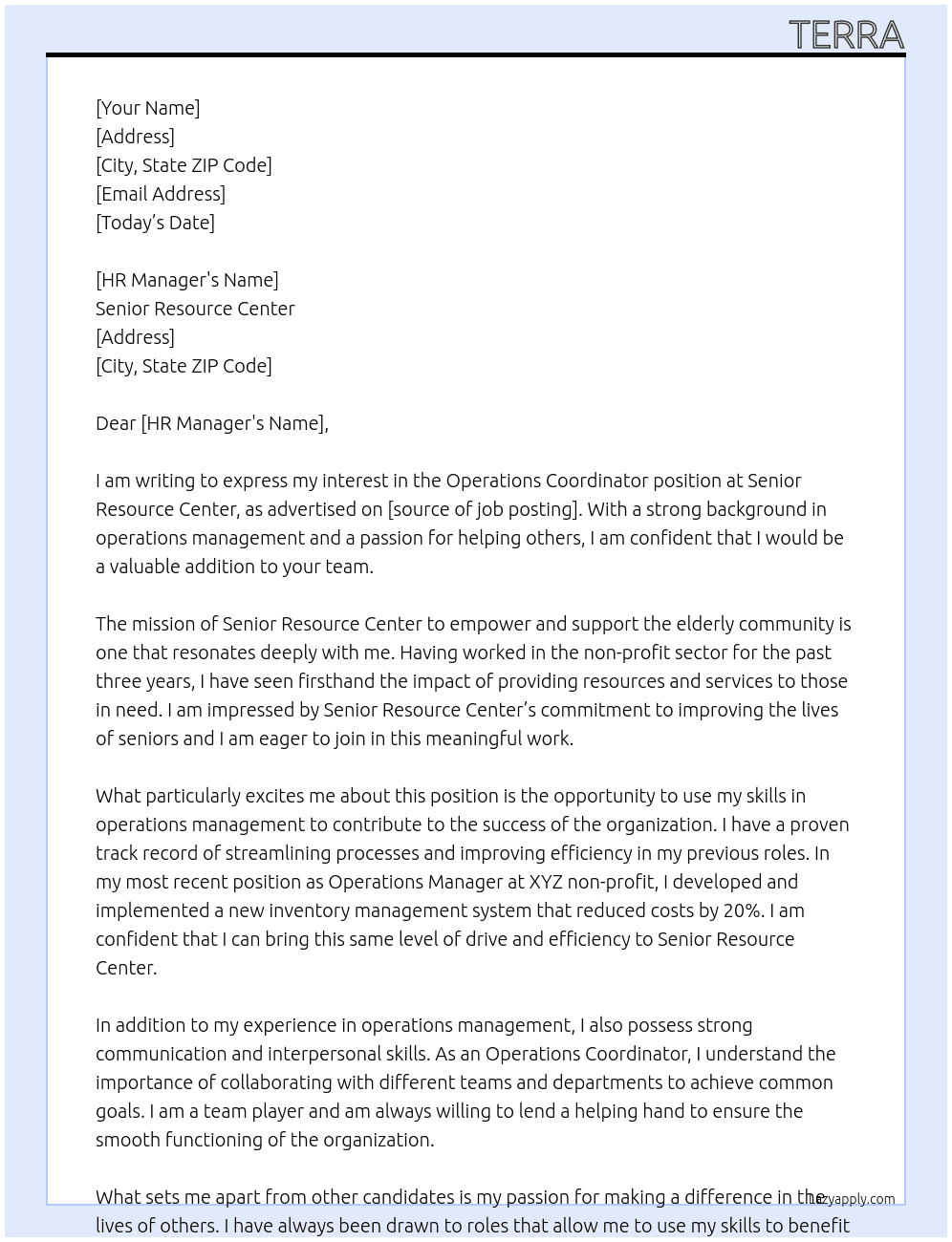 Operations coordinator  At Senior resource center Cover Letter