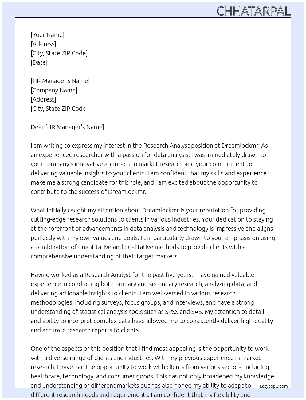 Research Analyst At Dreamlockmr Cover Letter