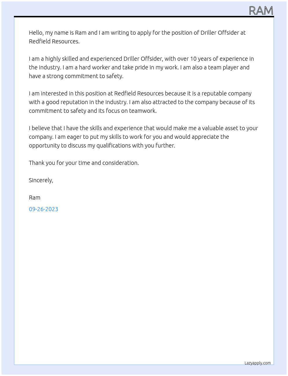 Driller Offsider At Redfield Resources  Cover Letter