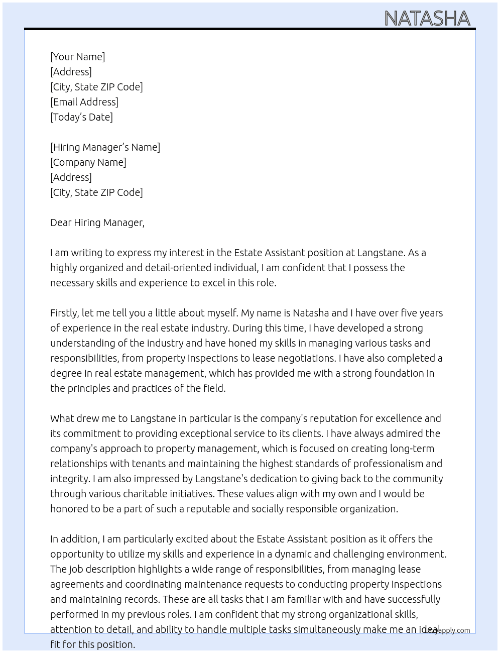 Estate Assistant At Langstane  Cover Letter
