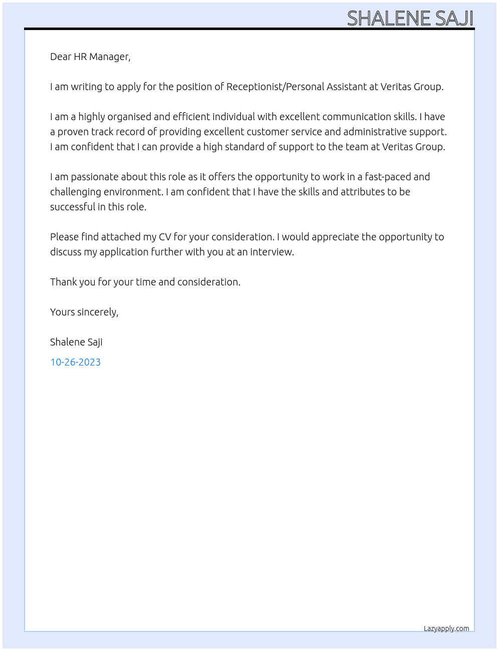 Receptionist/ Personal Assistant At Veritas Group Cover Letter
