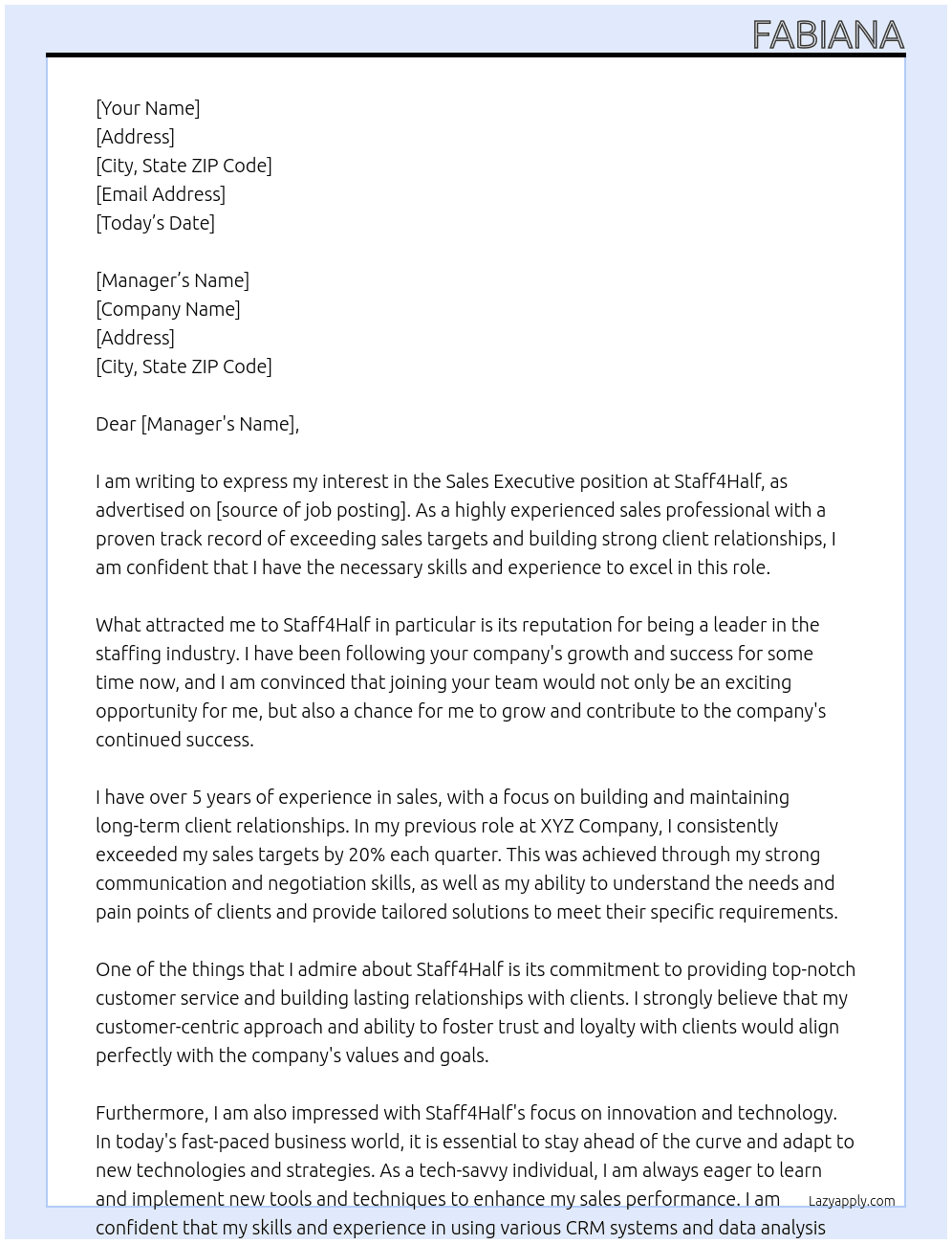 Sales Executive At Staff4Half Cover Letter