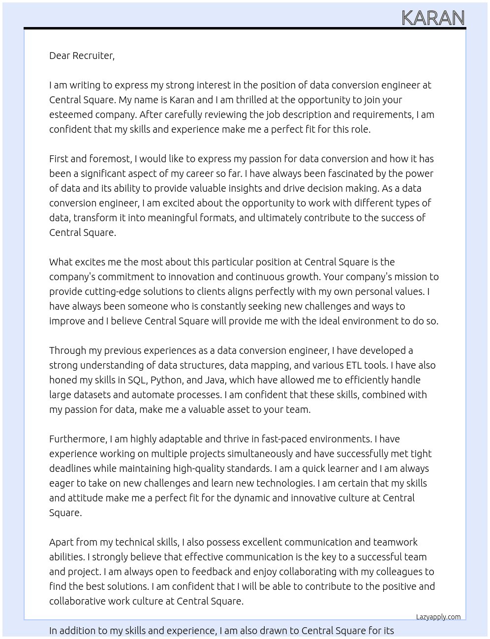 data conversion engineer At central square Cover Letter
