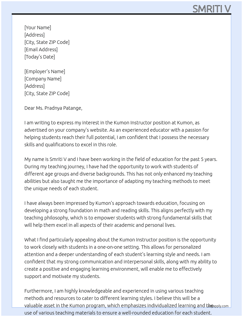 Kumon Instructor  At Kumon Cover Letter
