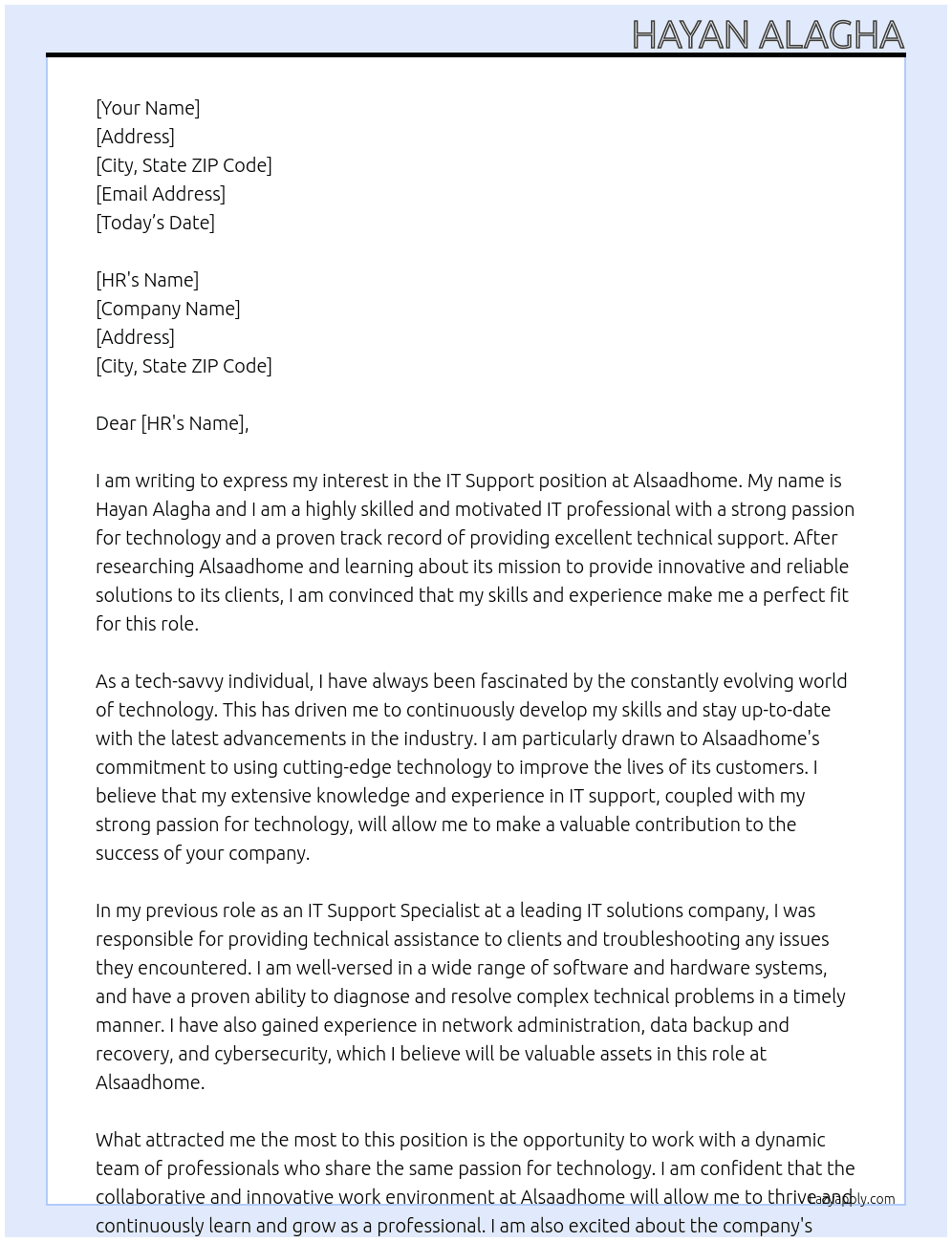 IT SUPPORT At ALSAADHOME Cover Letter