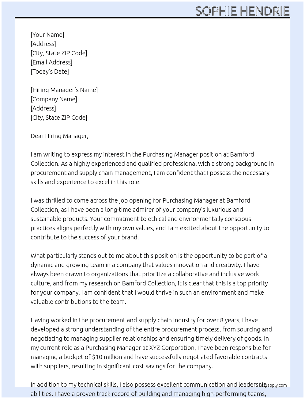 Purchasing Manager At Bamford Collection Cover Letter