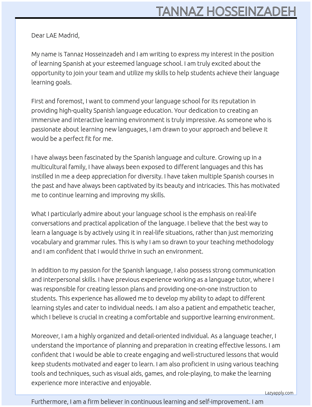 learning spanish At language school Cover Letter