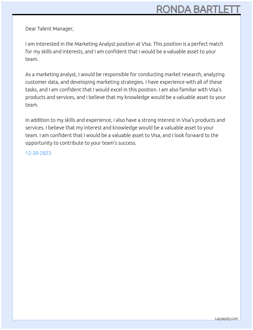 Marketing Analyst At Visa Cover Letter