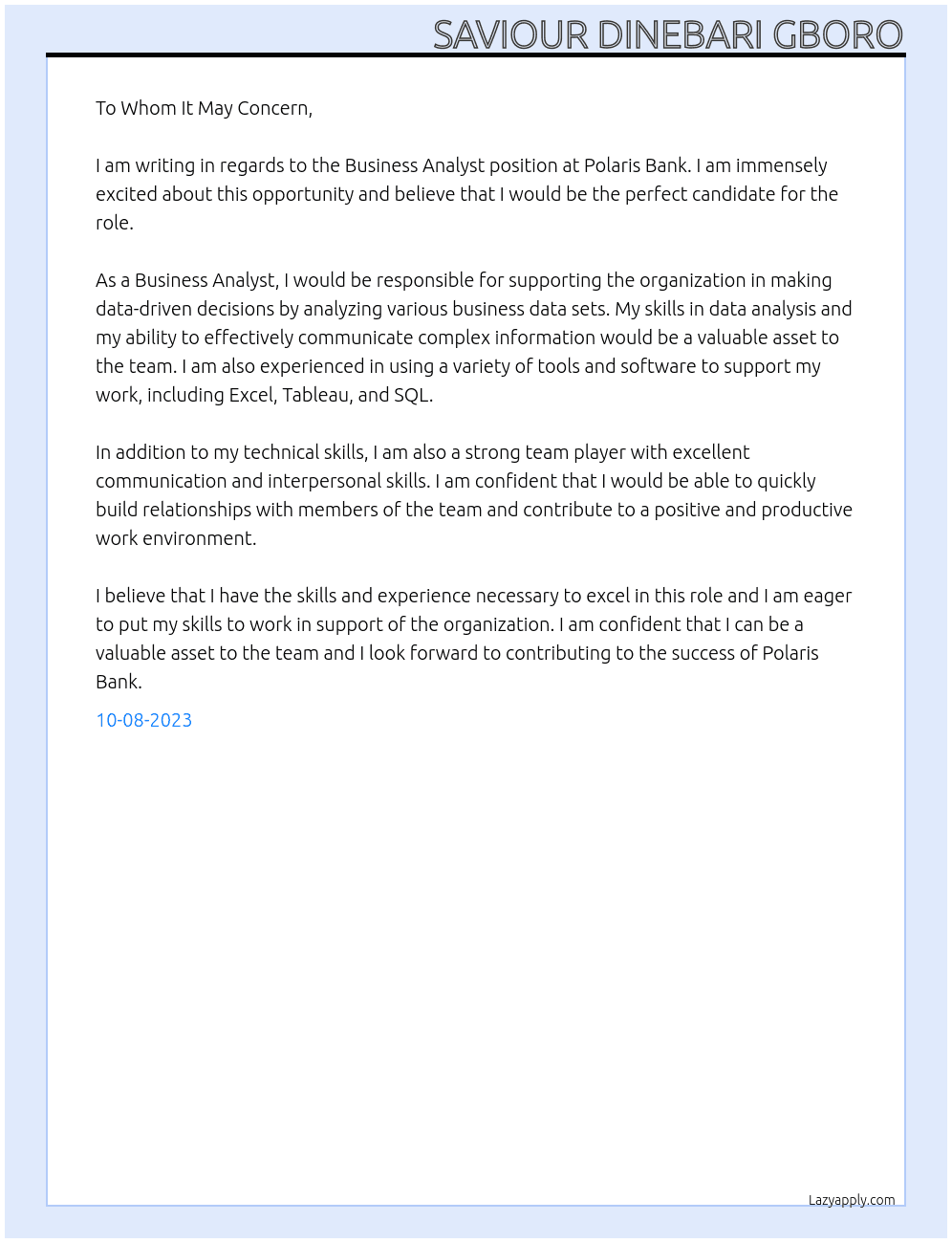 Business Analyst At Polaris Bank Cover Letter