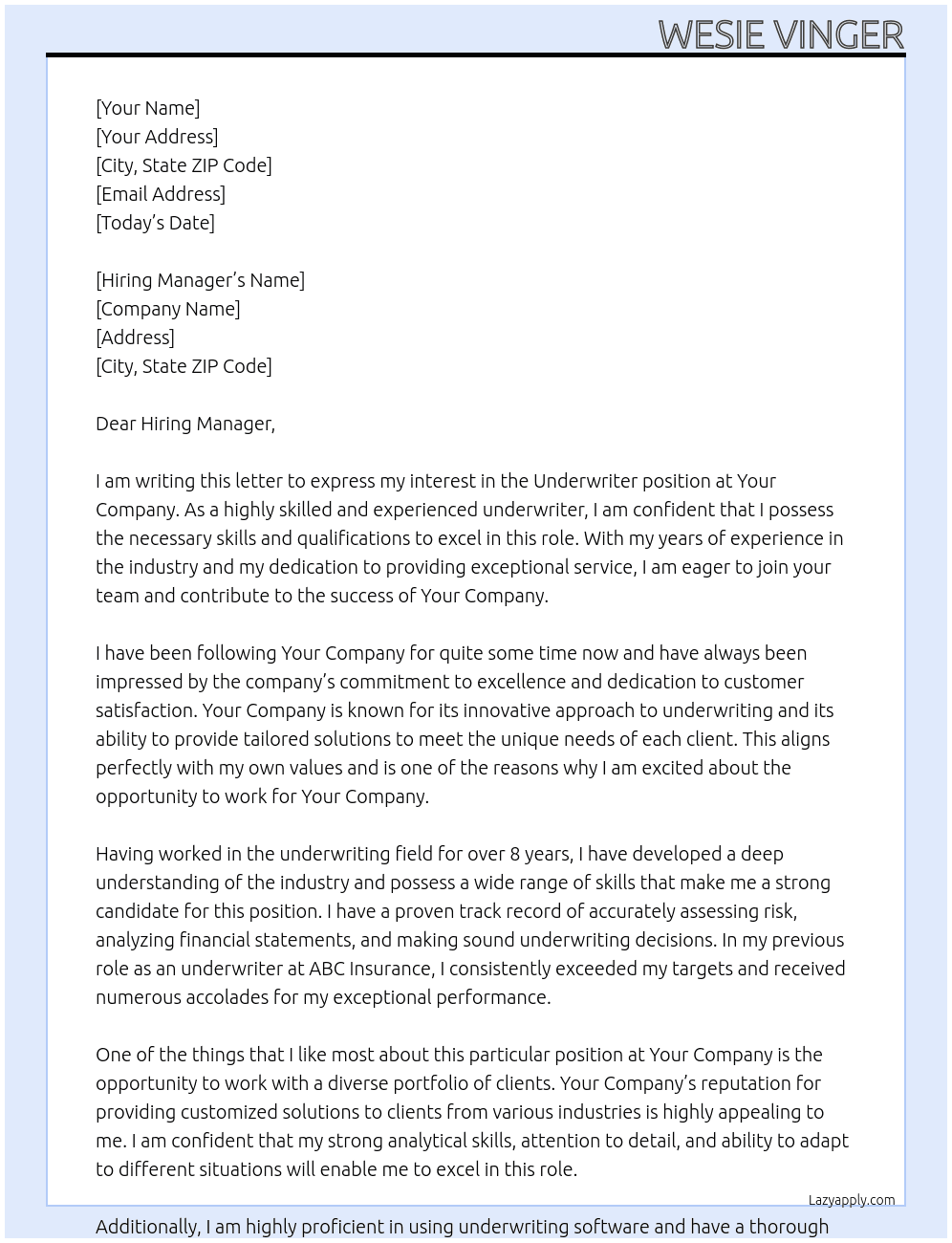 Underwriter At You Company Cover Letter