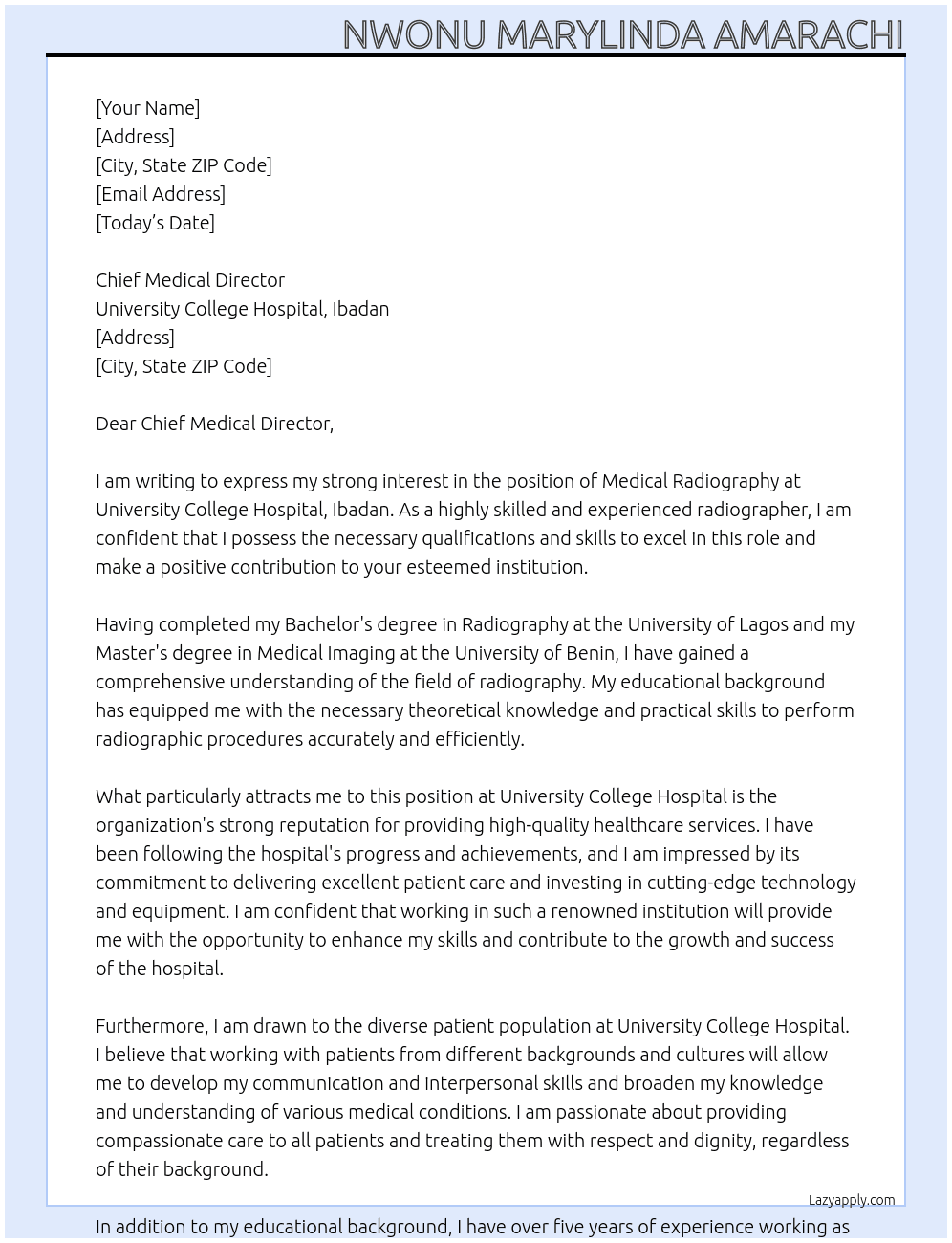 Medical  Radiograpy At unvUniversity College Hospital, Ibadan . Cover Letter