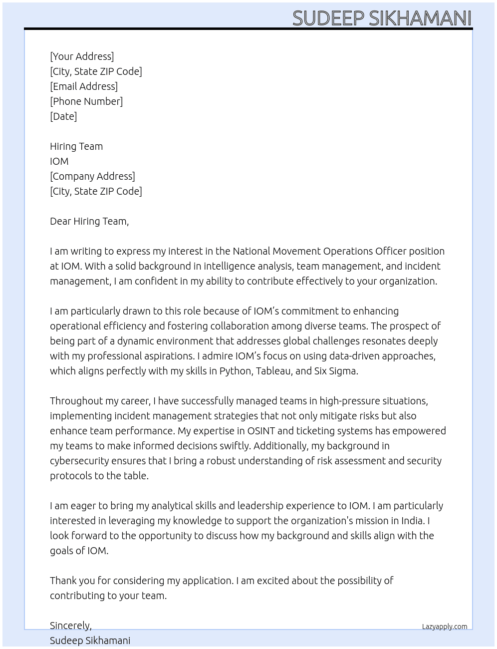 Cover letter for national movement operations officer - LazyApply