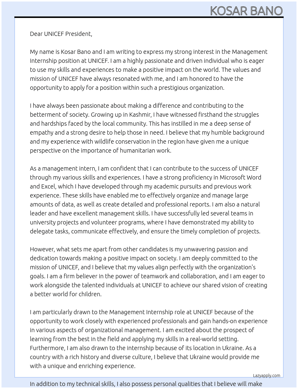 Management  At UNICEF  Cover Letter