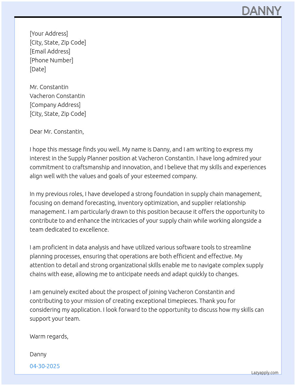 Supply Planner At Vacheron Constantin Cover Letter