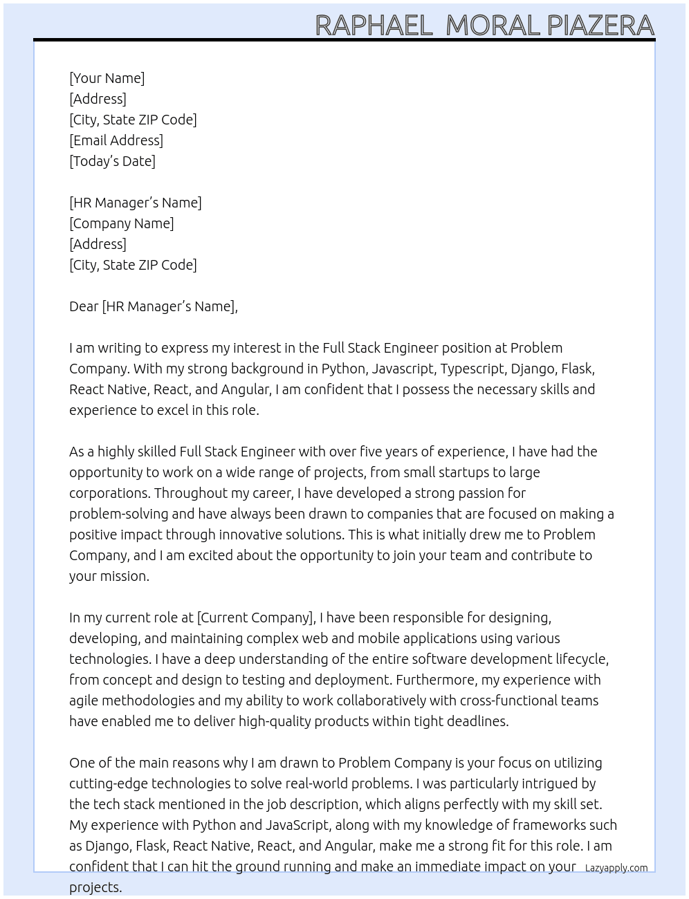 Full Stack Engineer At Problem Company Cover Letter