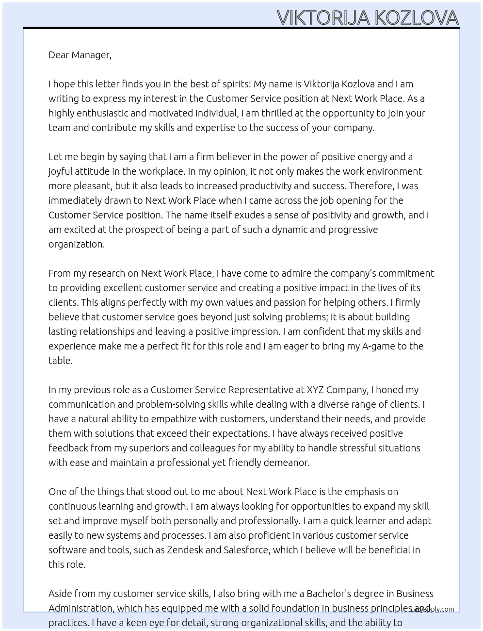Customer Service At Next work place Cover Letter