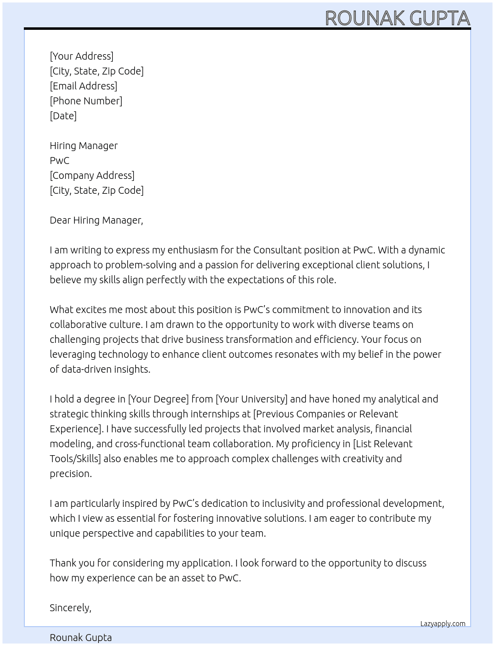 Cover letter for consultants - LazyApply