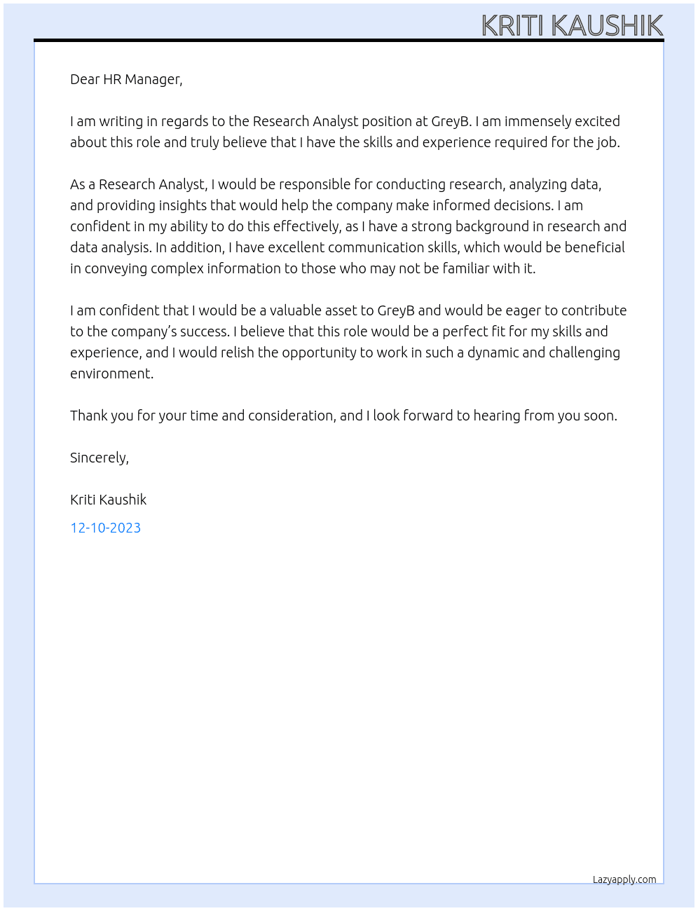 Research Analyst At GreyB Cover Letter
