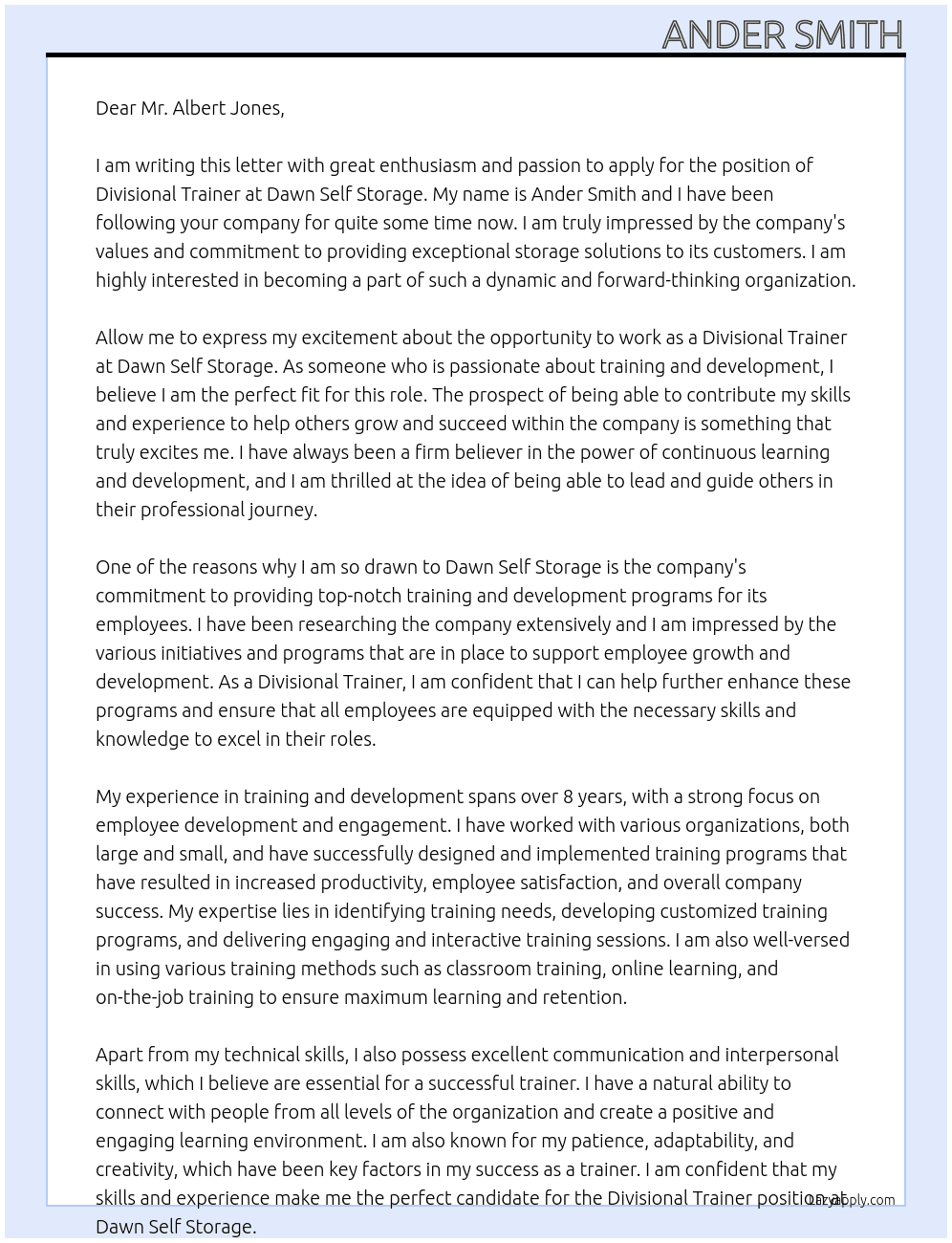 Divisonal Trainer At Dawn Self Storage Cover Letter
