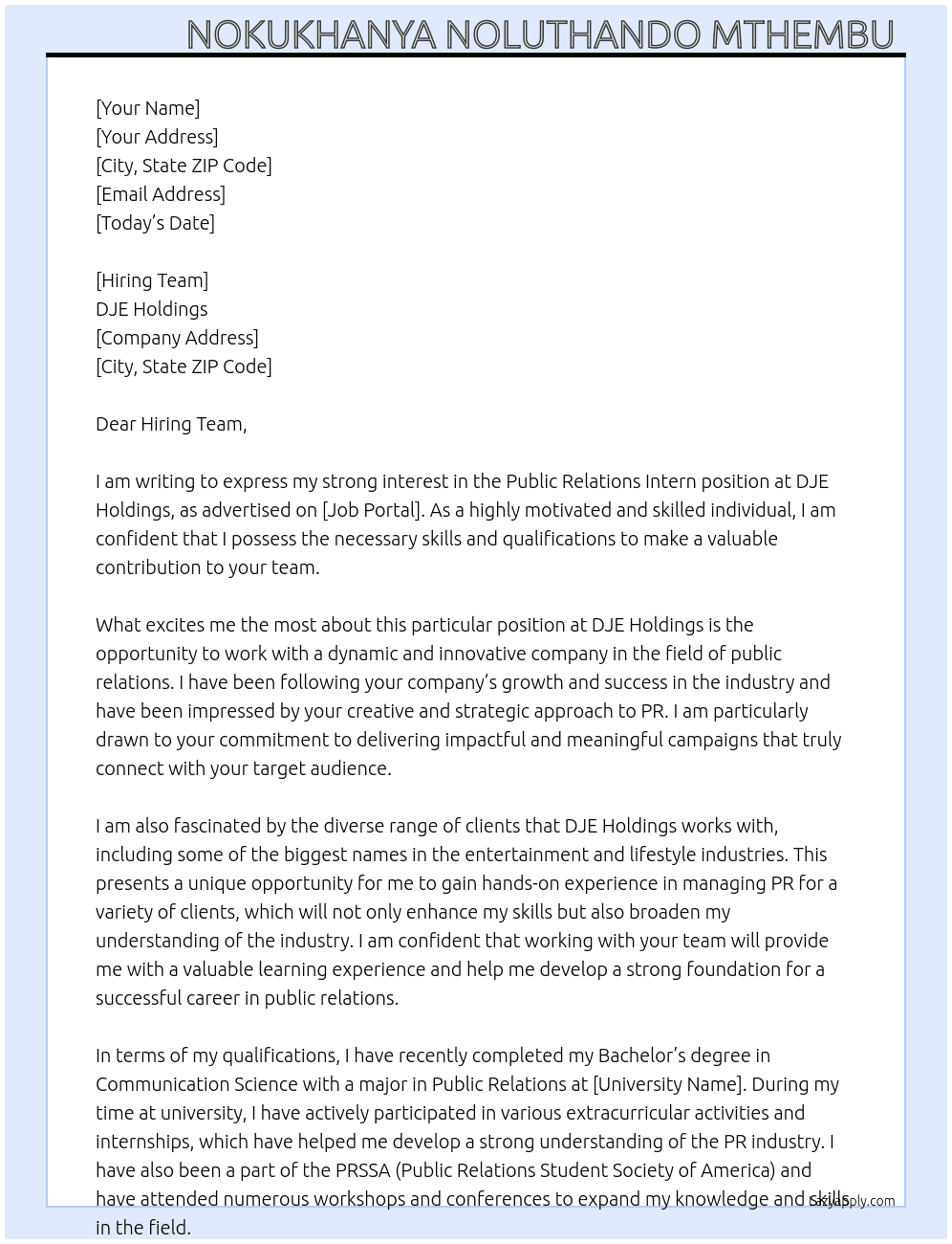 Public Relations Intern At DJE Holdings Cover Letter