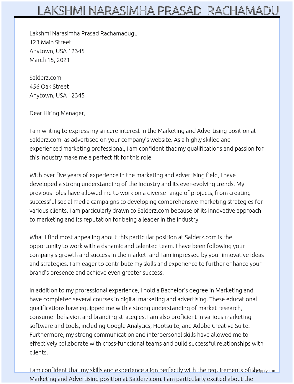 Marketing and Advertising  At Salderz.com Cover Letter