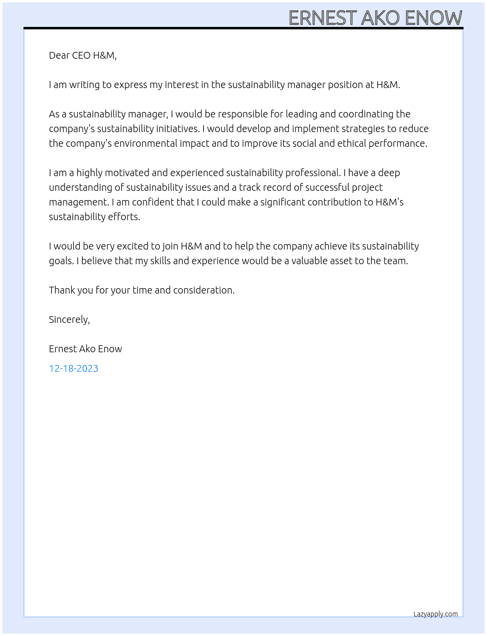 sustainability manager At H&M Cover Letter