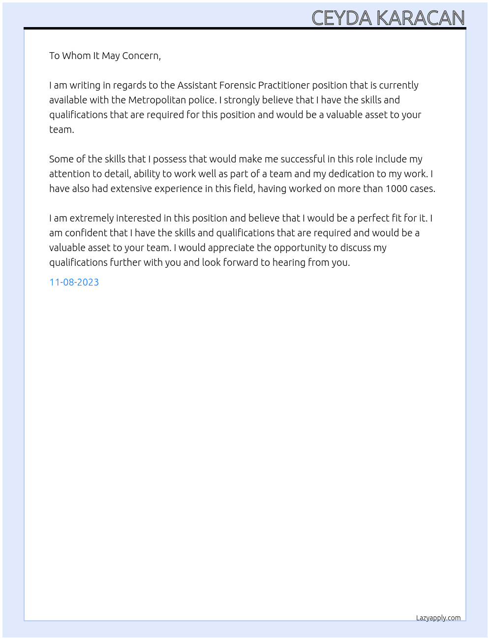 Assistant Forensic Practitioner At The Metropolitan police Cover Letter