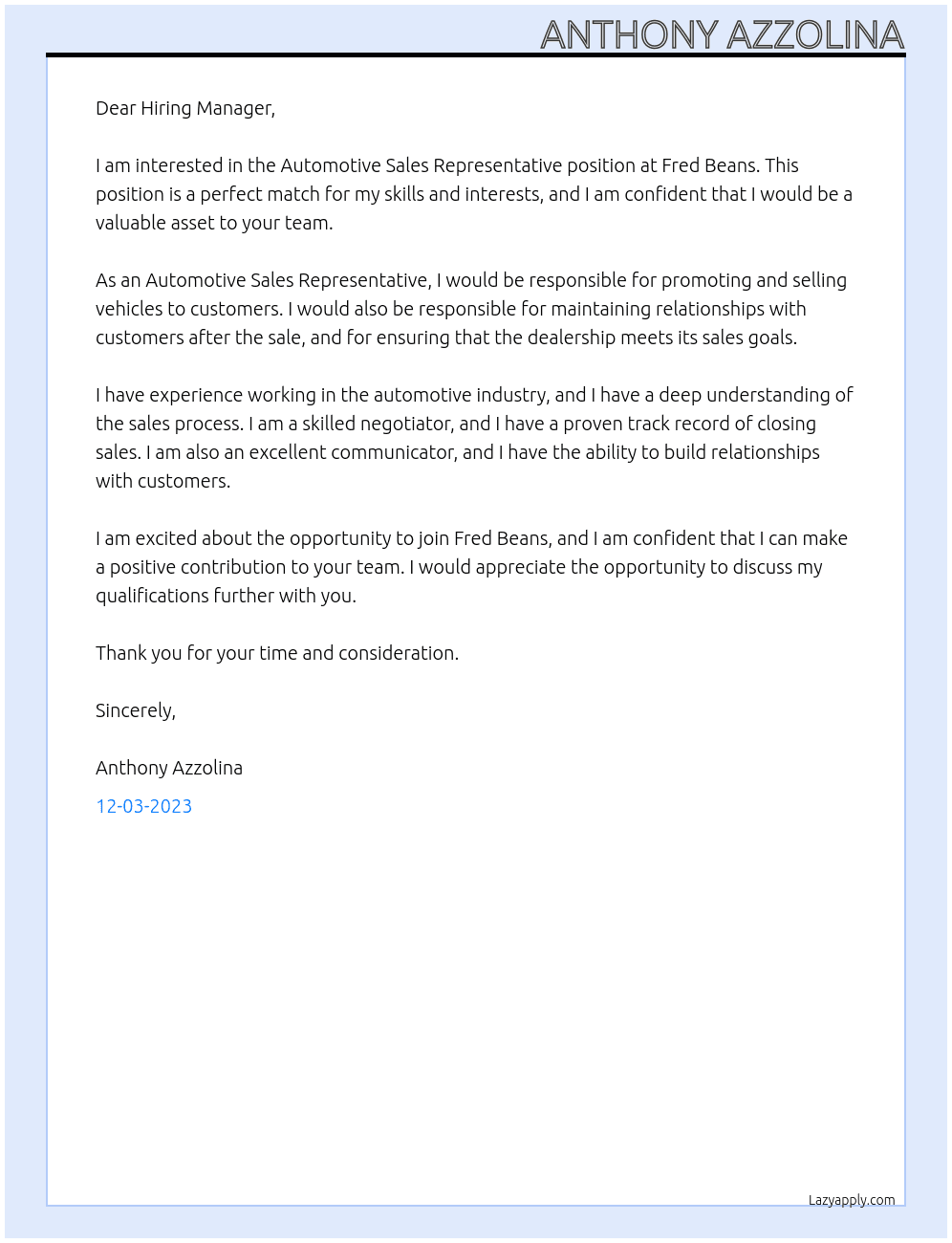 Automotive Sales Representative At Fred Beans Cover Letter
