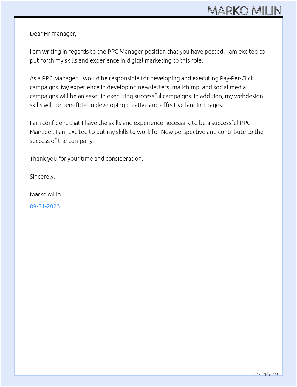 PPC Manager At New perspective Cover Letter