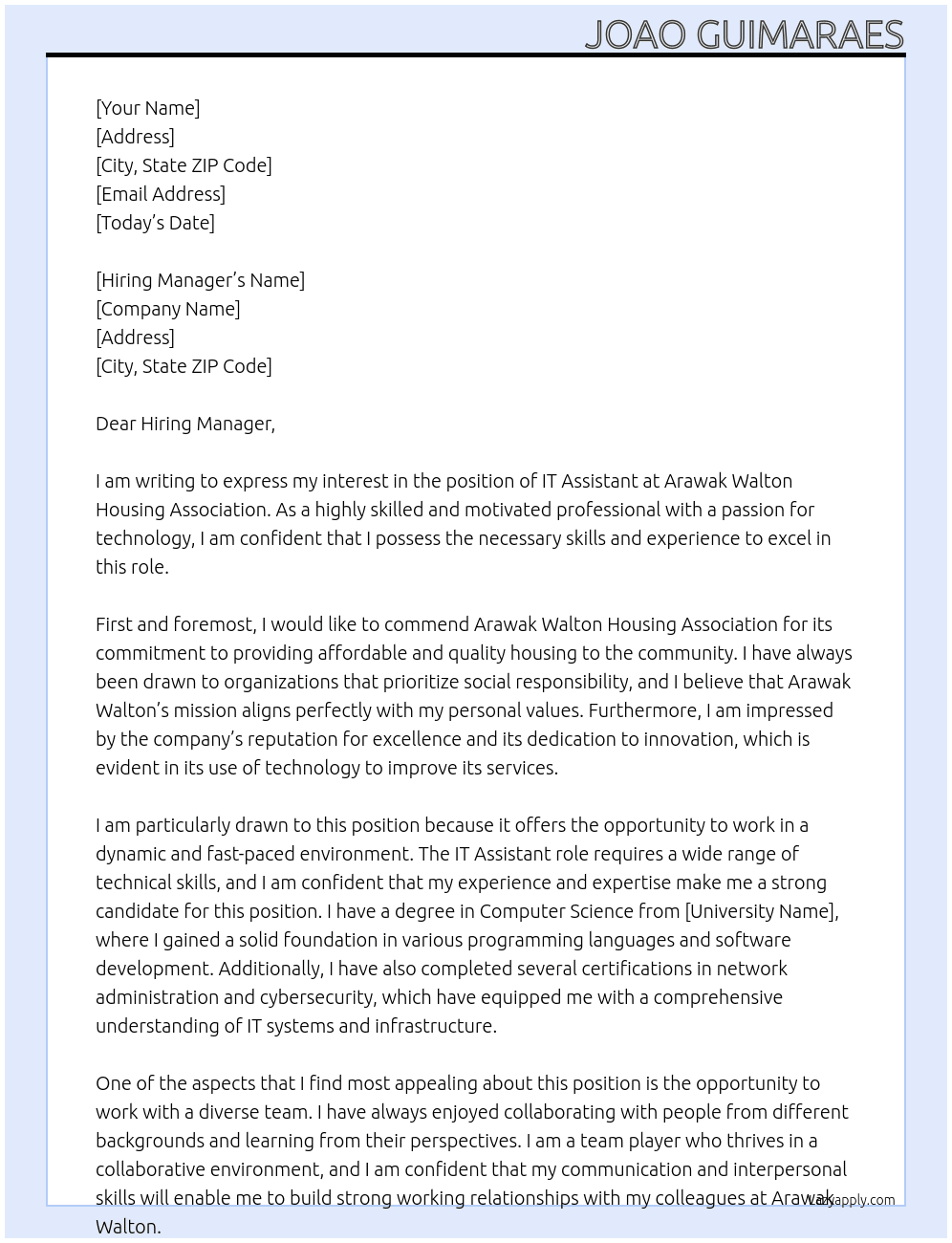 IT Assistant At Arawak Walton Housing Association Cover Letter