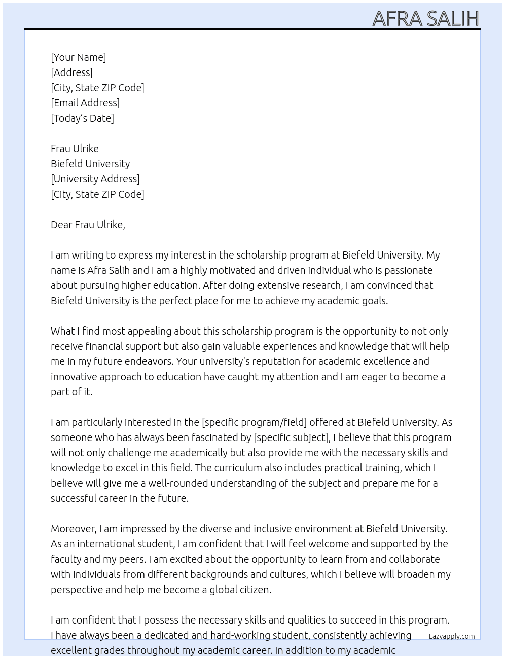 Application for scholarship program  At Biefeld University  Cover Letter