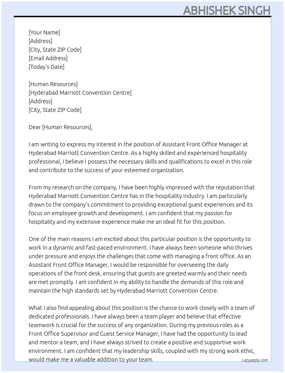 Assistant Front Office Manager At Hyderabad Marriott Convention Centre Cover Letter