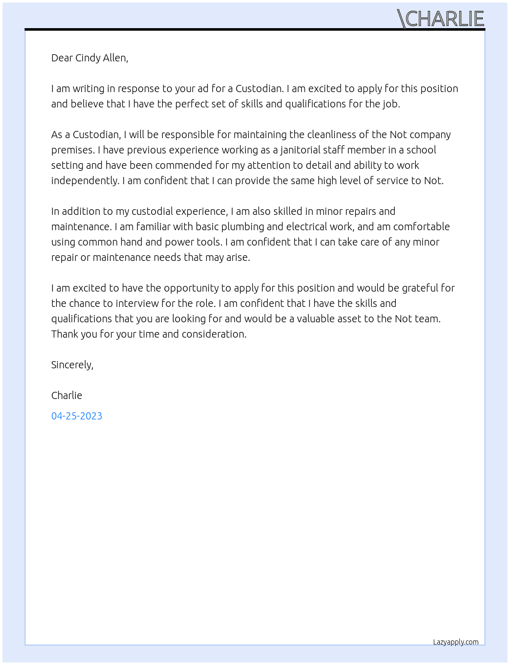 Castodian  At Not Cover Letter
