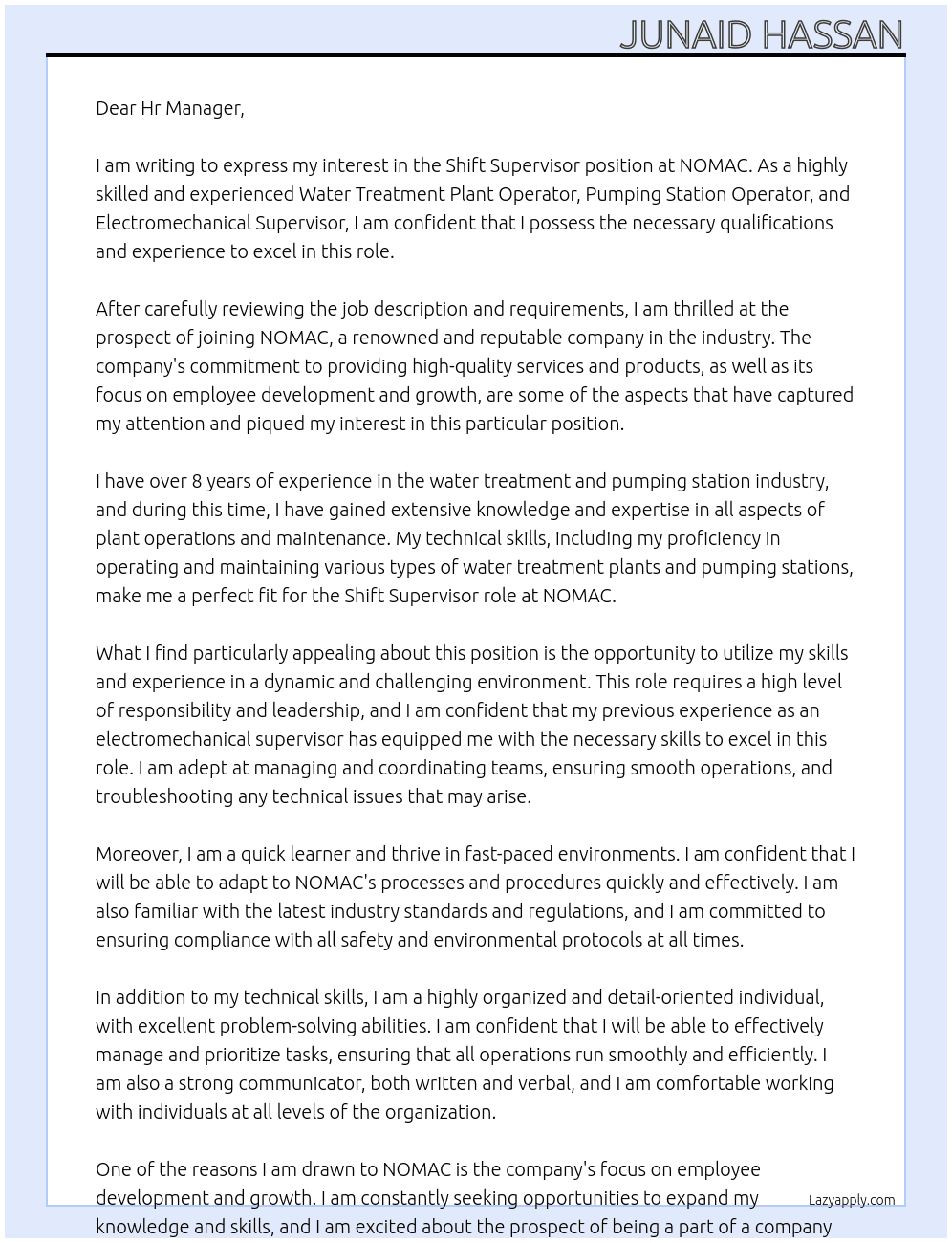 Shift supervisor  At NOMAC Cover Letter