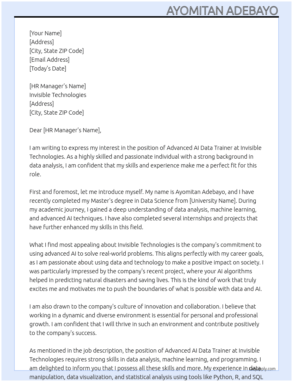 Advanced AI Data Trainer At invisible technologies Cover Letter