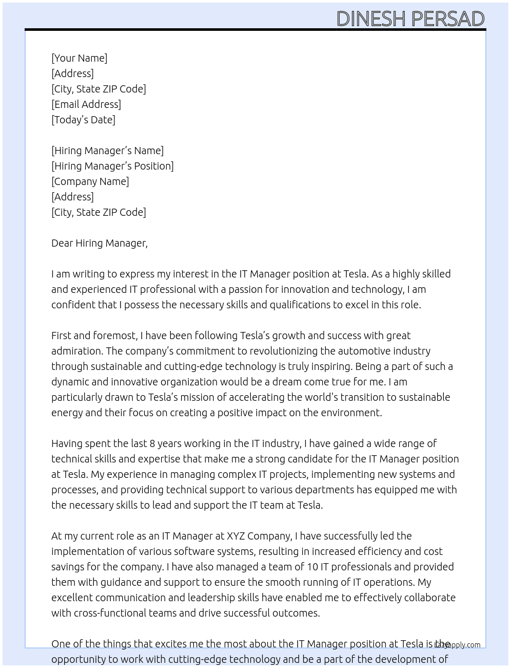 IT Manager At tesla Cover Letter