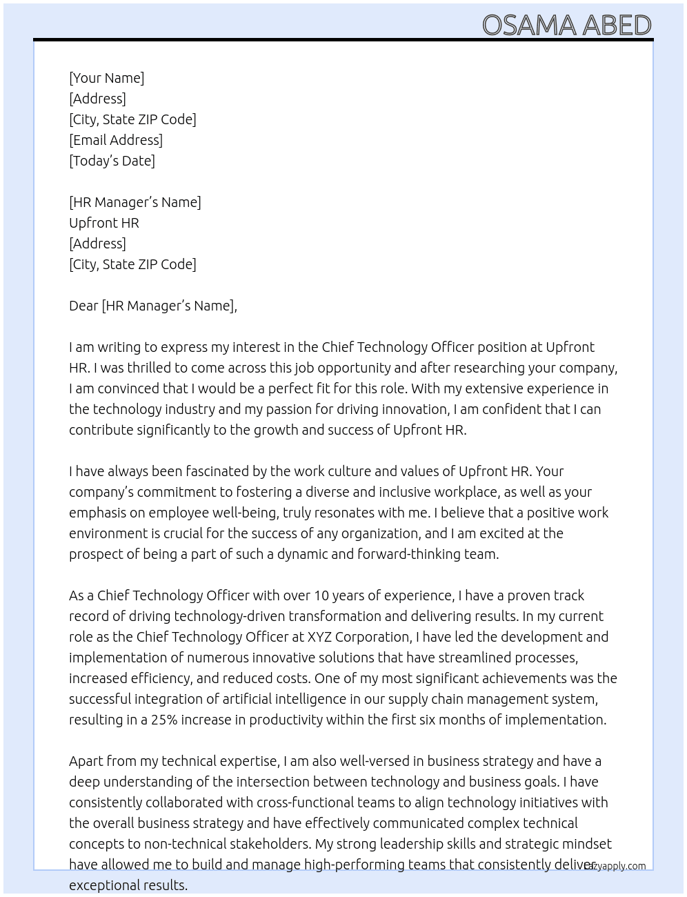 Chief Technology Officer At Upfront HR Cover Letter