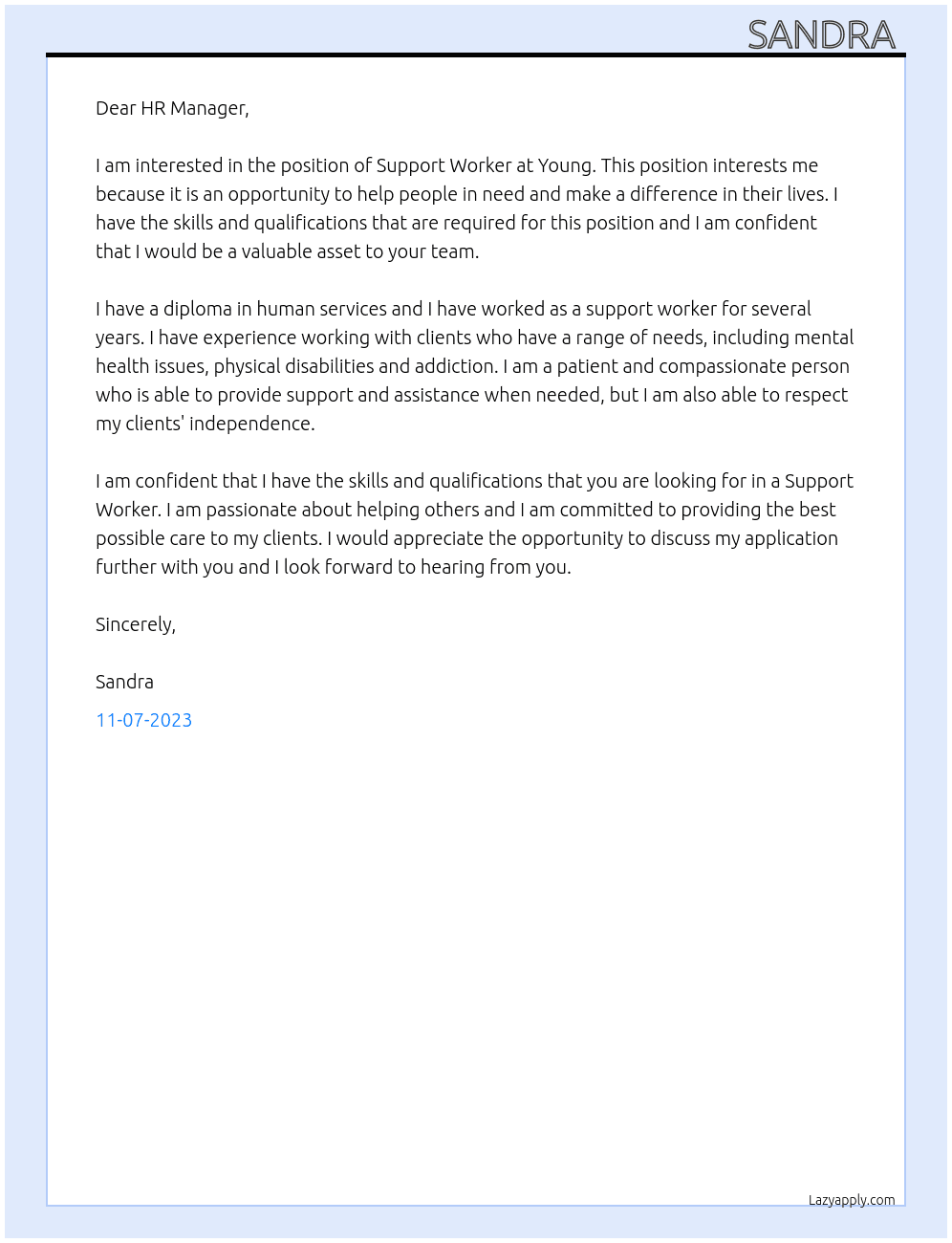Support Worker  At Young  Cover Letter