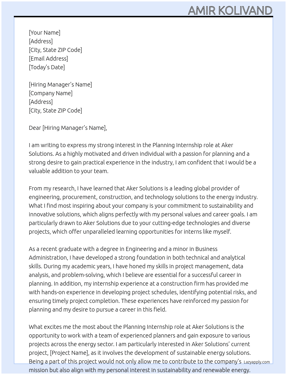 Planning At Aker Solutions Cover Letter
