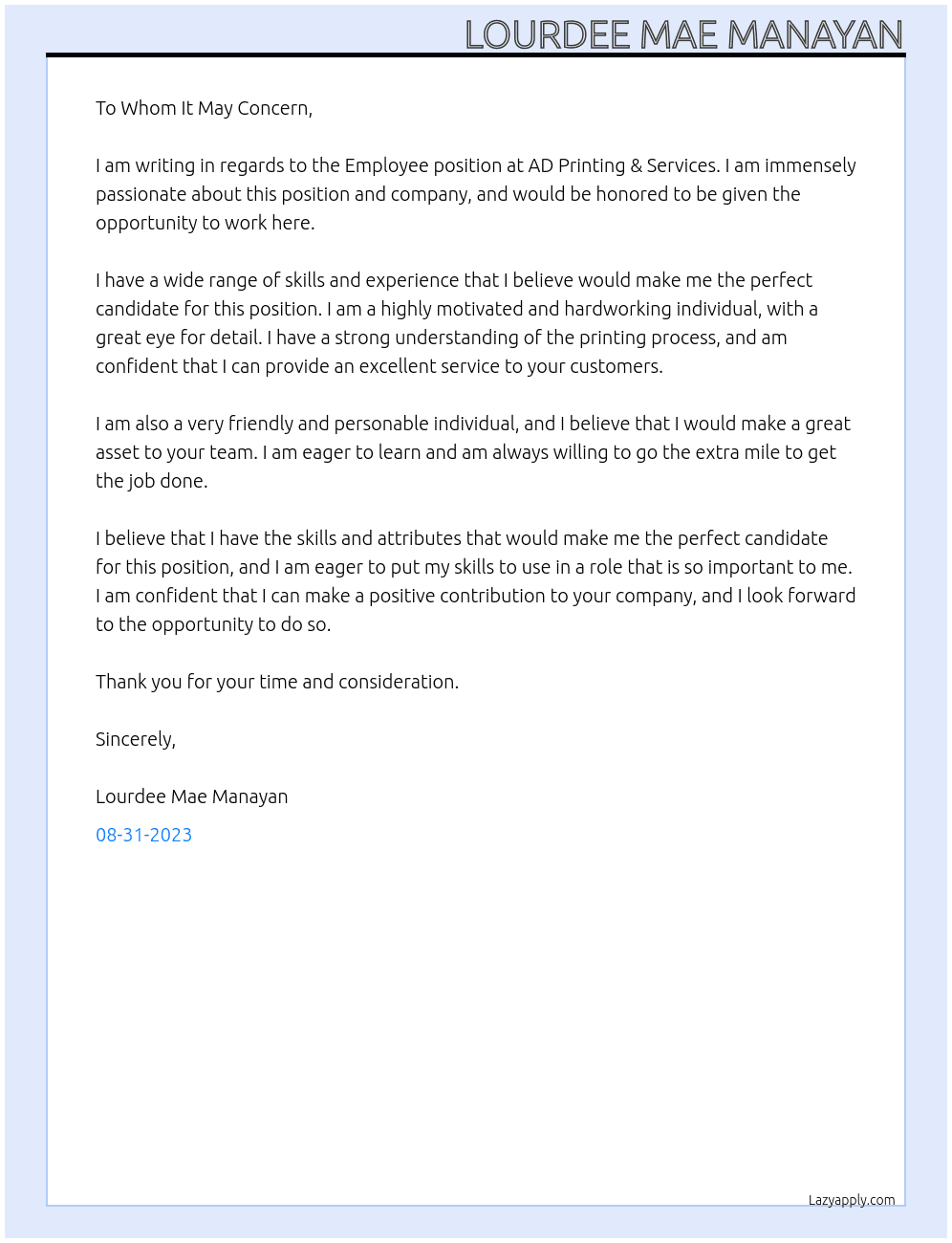 Employee At AD Printing & Services Cover Letter